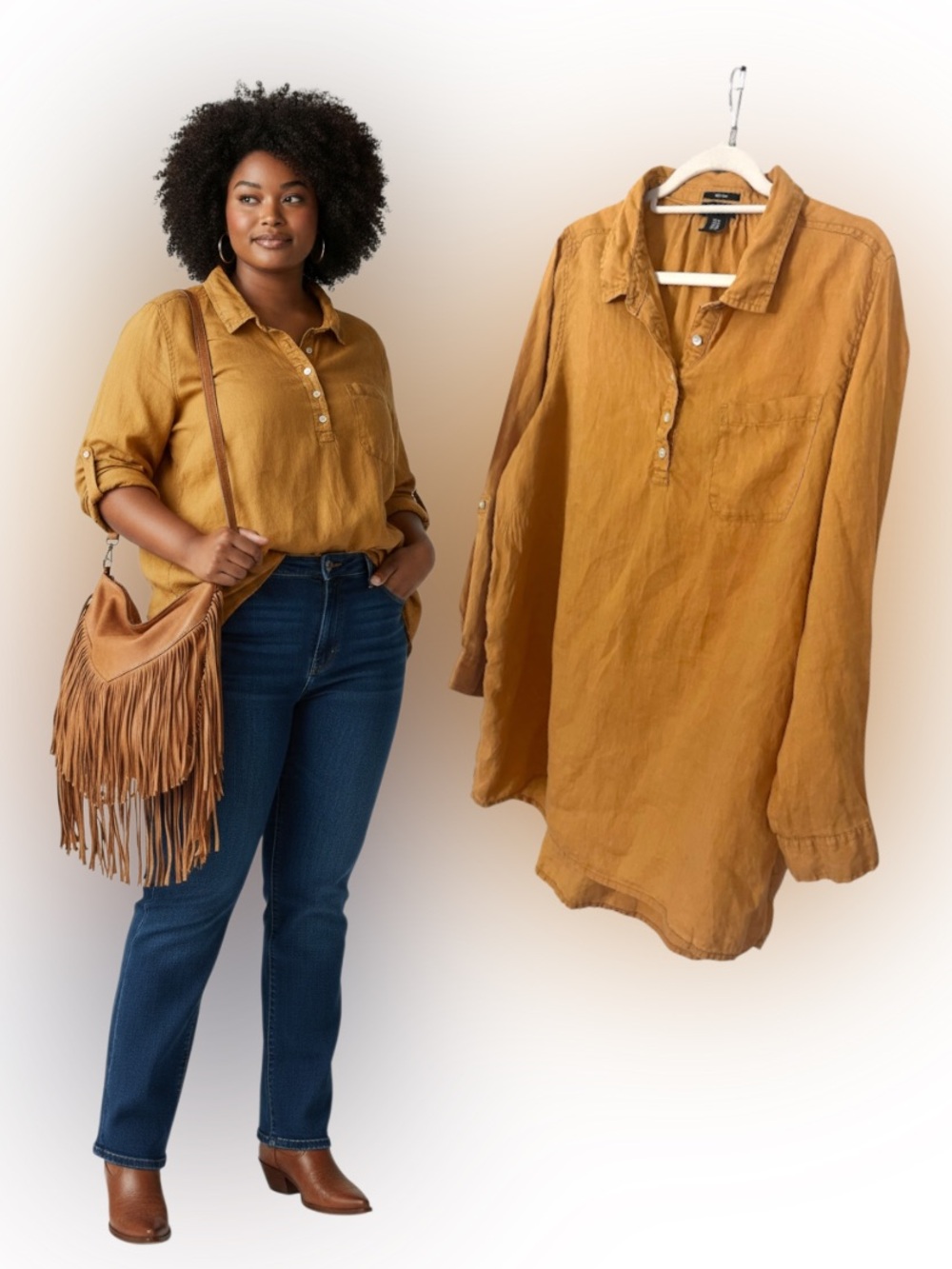Jones New York 100% Linen Pumpkin Orange Tunic Top 1X Roll Tab Sleeve Henley